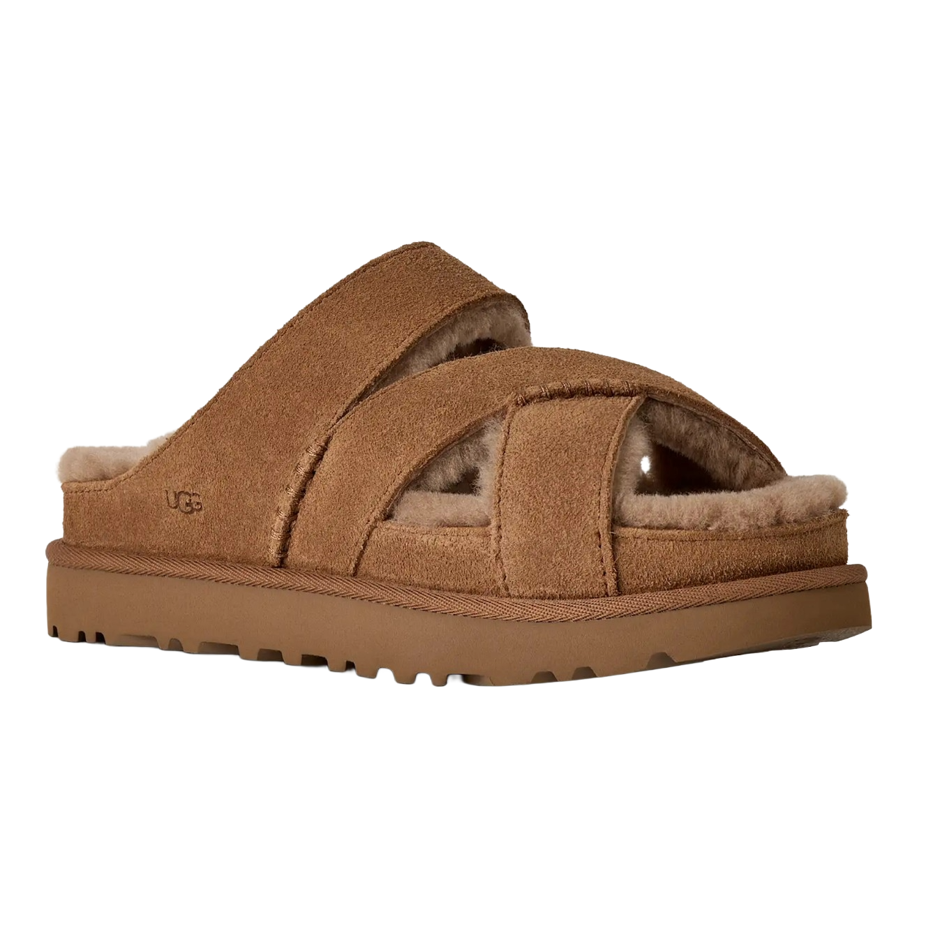 Brown suede crossover slide sandal with a cozy shearling lining and a rubber sole, featuring the UGG logo.