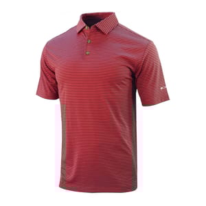 A red and black striped polo shirt with short sleeves and a buttoned collar, featuring a logo on the sleeve.