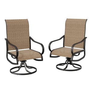 2-piece swivel patio armchair set featuring dark metal frames and tan fabric seats and backs, designed for outdoor use. The chairs have a round base for swiveling and armrests for comfort.
