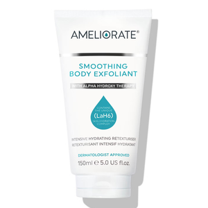 A tube of AMELIORATE Smoothing Body Exfoliant with Alpha Hydroxy Therapy and the (LaH6) Skin Hydration Complex, dermatologist-approved, 150ml.