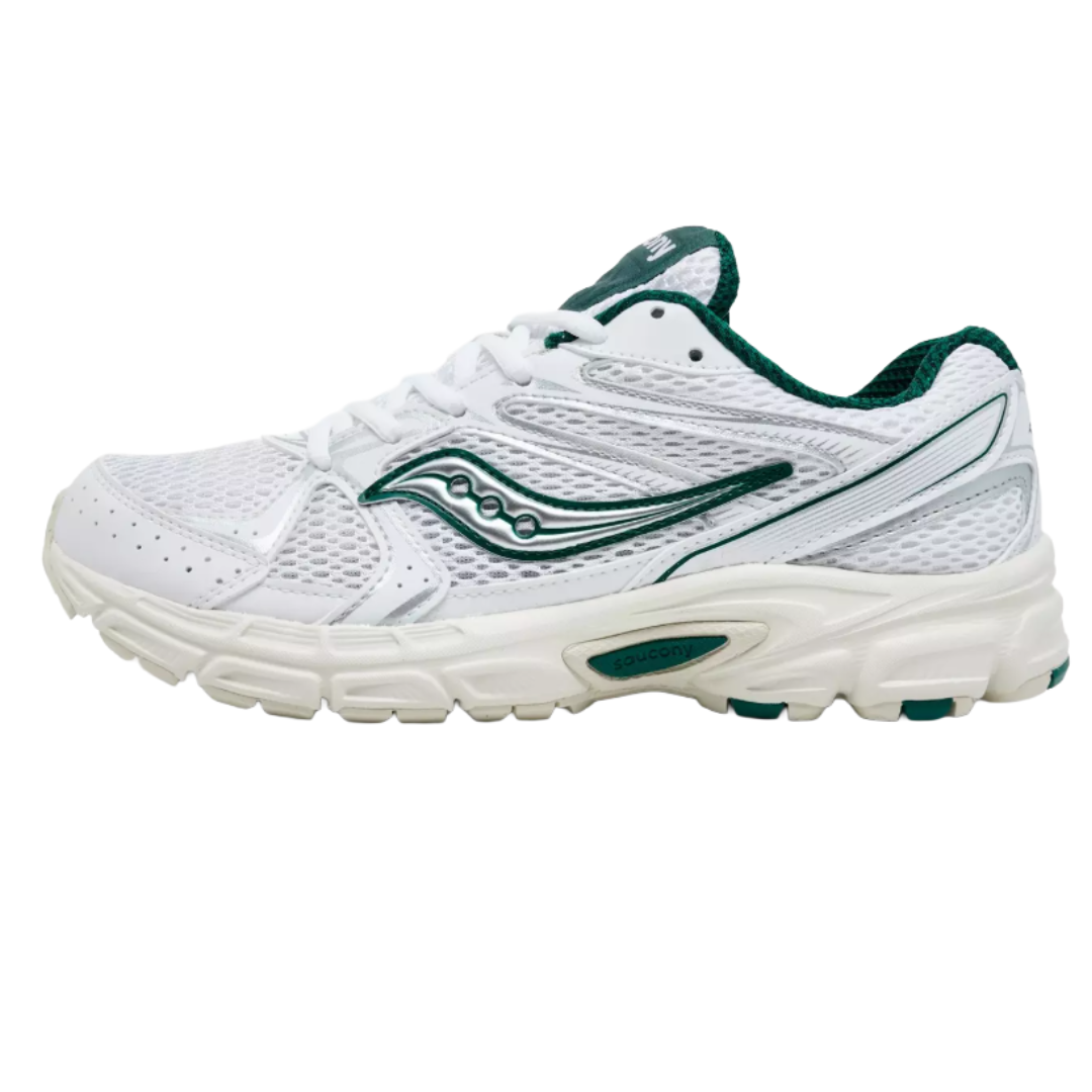 White and green Saucony running shoe with mesh upper and cushioned sole, featuring the Saucony logo on the side.