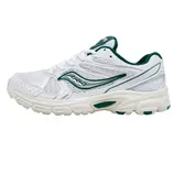 White and green Saucony running shoe with mesh upper and cushioned sole, featuring the Saucony logo on the side.