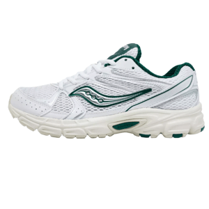 White and green Saucony running shoe with mesh upper and cushioned sole, featuring the Saucony logo on the side.