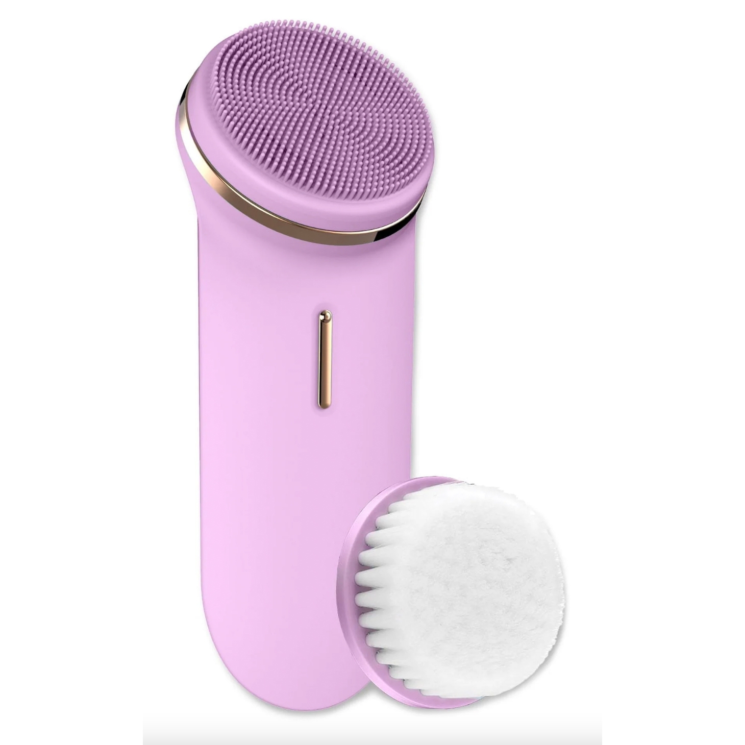 A purple facial cleansing brush with interchangeable silicone and soft bristle heads.