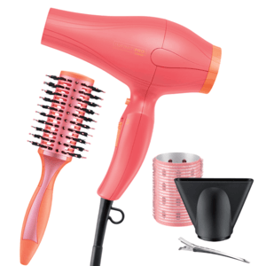 A pink hair dryer set includes a round brush, a concentrator nozzle, a hair clip, and a hair roller.