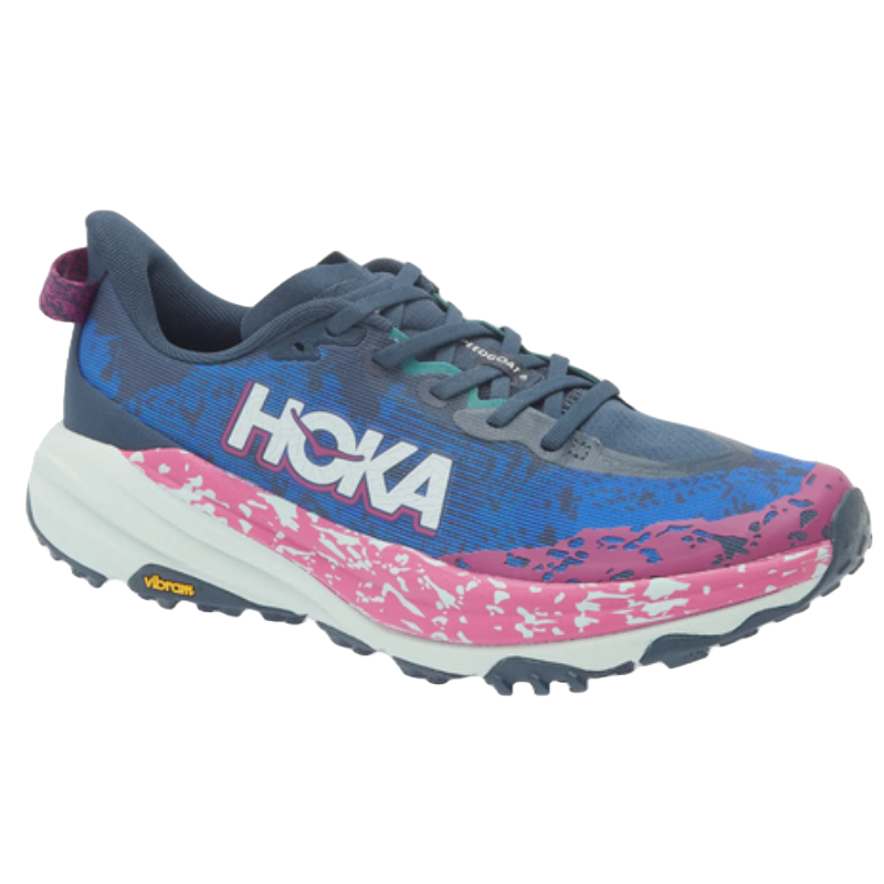Hoka trail running shoe with a blue and pink design, featuring a Vibram outsole for traction.