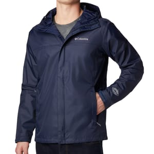 A navy blue Columbia Watertight II Jacket is shown, featuring a hood, Columbia logo on the chest, and a zippered front.