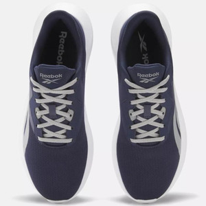 A pair of Reebok sneakers in navy blue with white soles and laces.