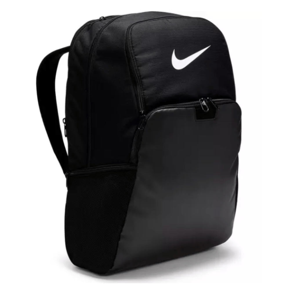 A black Nike backpack featuring a white swoosh logo, with multiple compartments and mesh side pockets for storage.