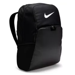 A black Nike backpack featuring a white swoosh logo, with multiple compartments and mesh side pockets for storage.