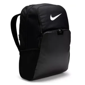 A black Nike backpack featuring a white swoosh logo, with multiple compartments and mesh side pockets for storage.