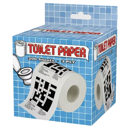 Toilet paper roll with crossword puzzles printed on each sheet; packaging states 200 sheets, 3-ply.