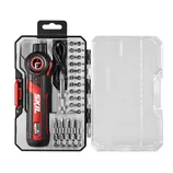 Cordless screwdriver kit with multiple bits and accessories, featuring a SKIL rechargeable driver in a compact carrying case.
