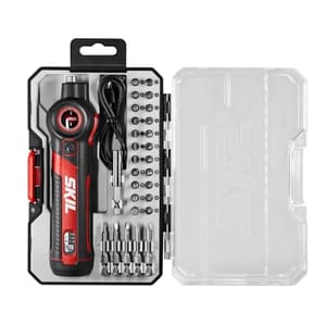 Cordless screwdriver kit with multiple bits and accessories, featuring a SKIL rechargeable driver in a compact carrying case.