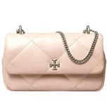 A quilted pink leather handbag with a chain strap and a central emblem resembling a logo.