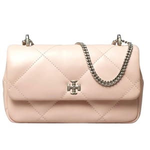 A quilted pink leather handbag with a chain strap and a central emblem resembling a logo.