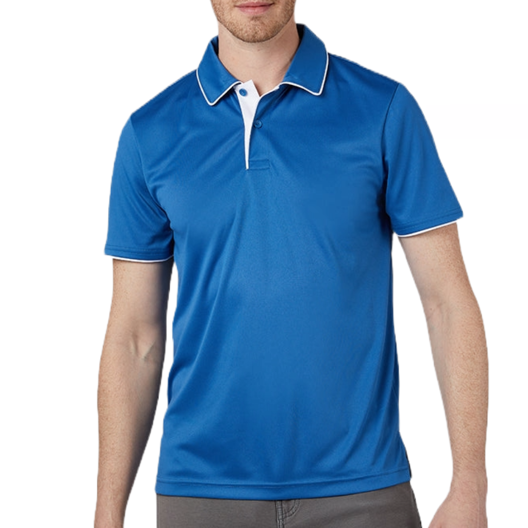 Blue 32 Degrees Cool Flow Tipped Polo featuring a short-sleeve design with white tipping on the collar and sleeves, button placket, and a soft, breathable fabric.