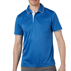 Blue 32 Degrees Cool Flow Tipped Polo featuring a short-sleeve design with white tipping on the collar and sleeves, button placket, and a soft, breathable fabric.
