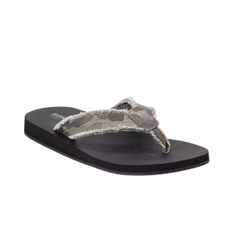 A flip-flop sandal with a black sole and a frayed, camouflage-patterned fabric strap.