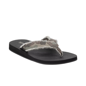 A flip-flop sandal with a black sole and a frayed, camouflage-patterned fabric strap.