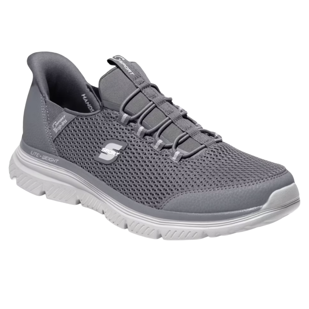 Gray mesh slip-on athletic shoe with elastic laces, lightweight design, and cushioned sole.