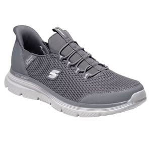 Gray mesh slip-on athletic shoe with elastic laces, lightweight design, and cushioned sole.