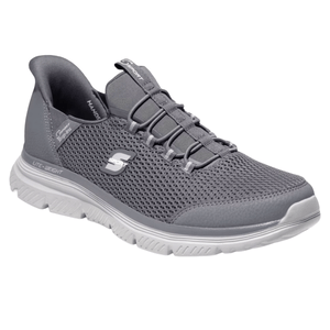 Gray mesh slip-on athletic shoe with elastic laces, lightweight design, and cushioned sole.
