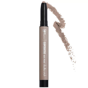 It Cosmetics Superhero No-Tug Shadow Stick in a neutral taupe shade, designed for easy and smooth application.