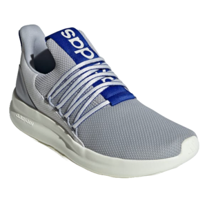 A gray athletic sneaker features a blue tongue with white branding and elastic laces. It has a white cushioned sole, marked \“Cloudfoam.\“