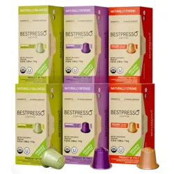 Bestpresso Coffee offers USDA Organic Italian Espresso capsules in three varieties: Naturally Balanced (intensity 10), Naturally Intense (intensity 12), and Naturally Strong (intensity 14). Each box contains 20 capsules, made in Italy.