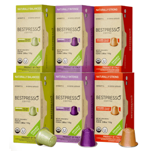 Bestpresso Coffee offers USDA Organic Italian Espresso capsules in three varieties: Naturally Balanced (intensity 10), Naturally Intense (intensity 12), and Naturally Strong (intensity 14). Each box contains 20 capsules, made in Italy.