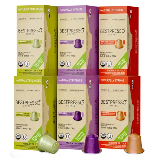 Bestpresso Coffee offers USDA Organic Italian Espresso capsules in three varieties: Naturally Balanced (intensity 10), Naturally Intense (intensity 12), and Naturally Strong (intensity 14). Each box contains 20 capsules, made in Italy.