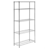 A metal wire shelving unit with five adjustable shelves for storage. Suitable for organizing items in various spaces like kitchens, garages, or offices.