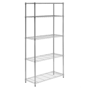 A metal wire shelving unit with five adjustable shelves for storage. Suitable for organizing items in various spaces like kitchens, garages, or offices.