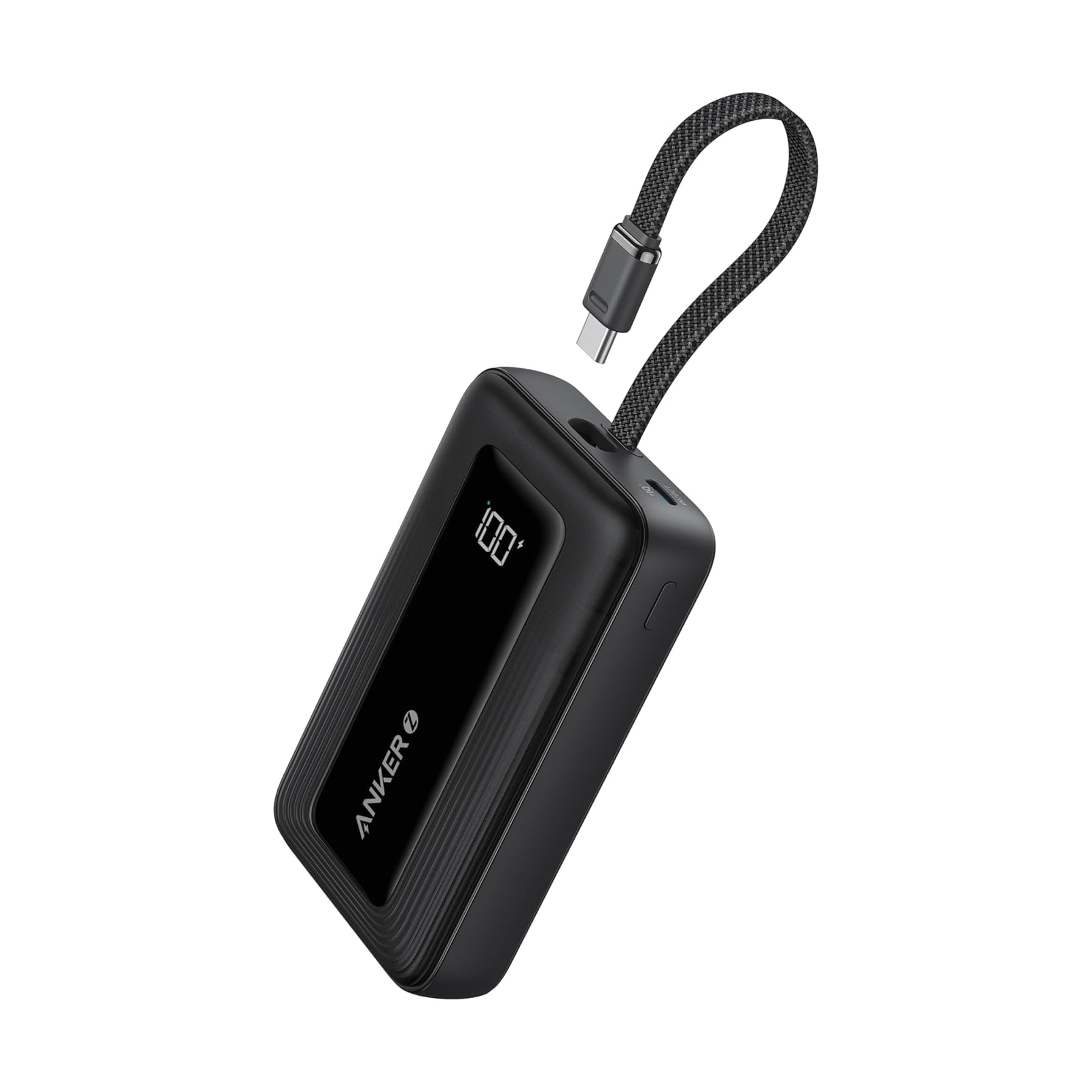 Anker 10,000mAh Power Bank features a digital display showing the remaining charge percentage, a compact rectangular design, and an attached USB-C charging cable.