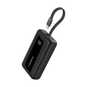 Anker 10,000mAh Power Bank features a digital display showing the remaining charge percentage, a compact rectangular design, and an attached USB-C charging cable.