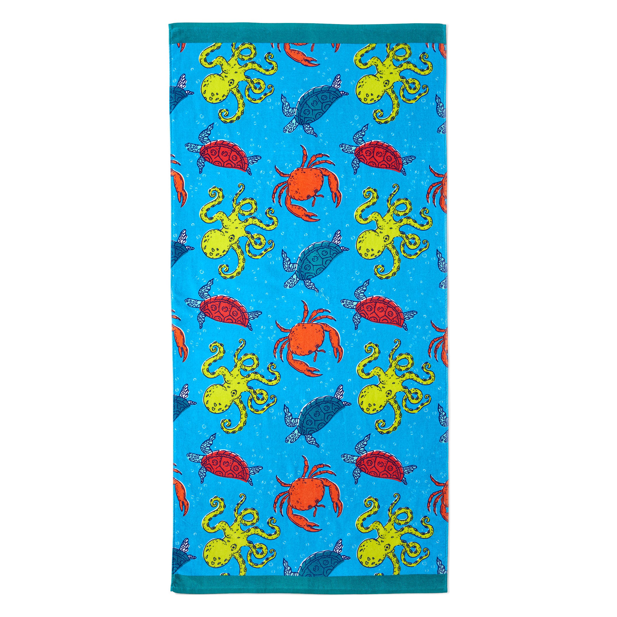 A bright blue beach towel featuring a pattern of yellow octopuses, red crabs, and blue turtles.