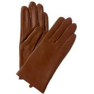 A pair of elegant brown leather gloves with a smooth finish and simple stitching detail on the back.