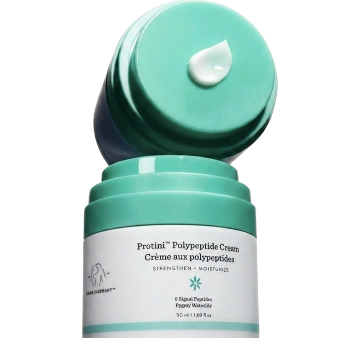 Protini Polypeptide Cream by Drunk Elephant, a moisturizer infused with nine signal peptides and pygmy waterlily, designed to strengthen and hydrate the skin.
