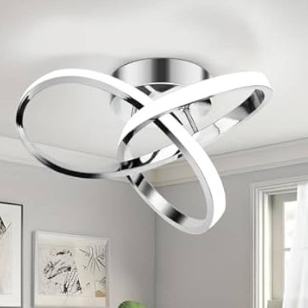 The Kondras Hallway Light features a modern design with interlocking metallic rings and integrated LED lights, attached to a circular ceiling mount. It offers a sleek look, ideal for contemporary spaces.