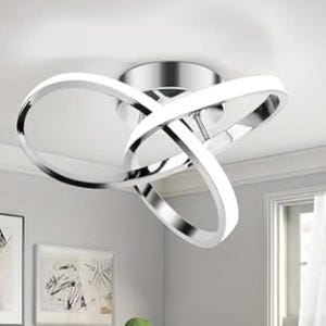 The Kondras Hallway Light features a modern design with interlocking metallic rings and integrated LED lights, attached to a circular ceiling mount. It offers a sleek look, ideal for contemporary spaces.