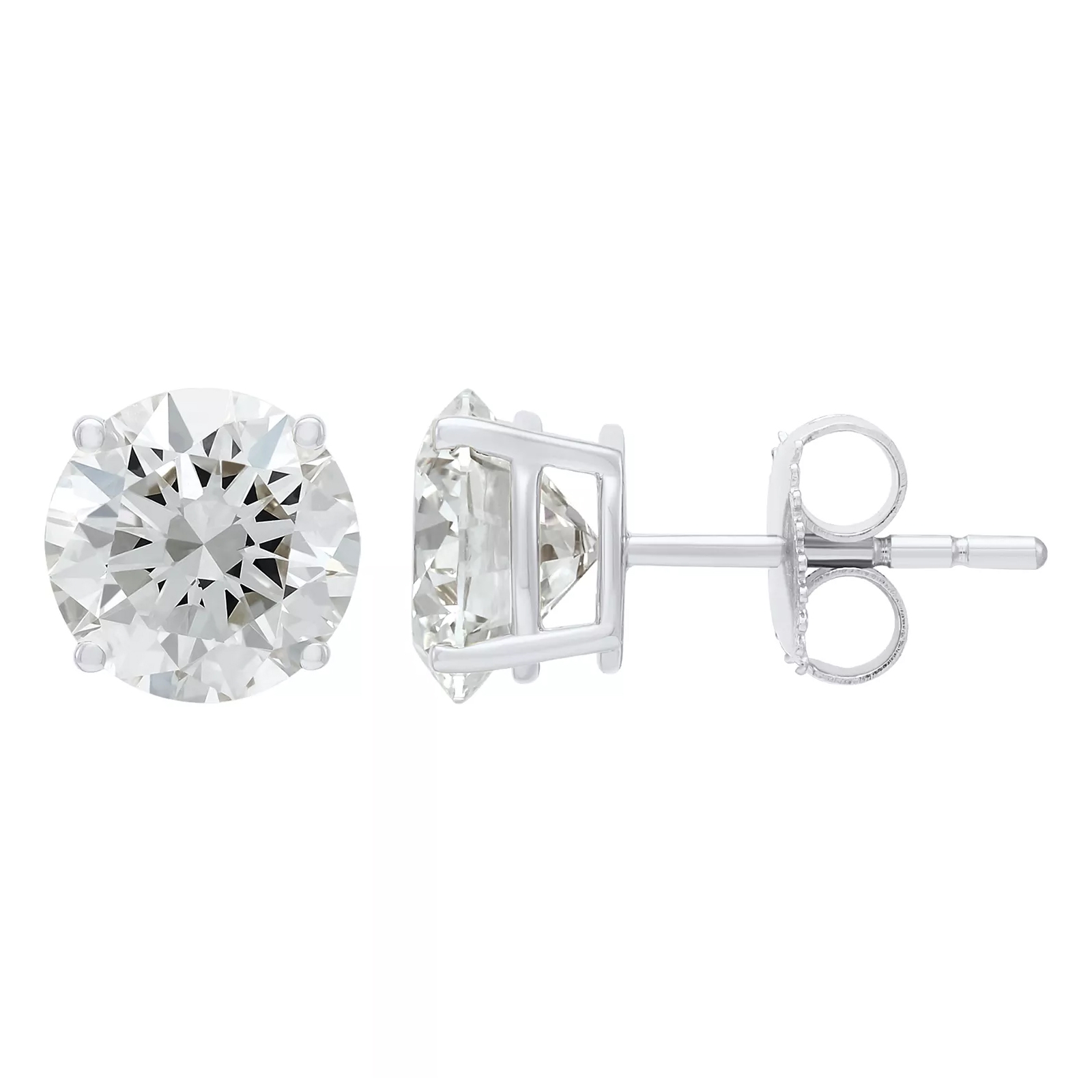 A pair of round-cut diamond stud earrings in a four-prong white metal setting with a push-back closure.