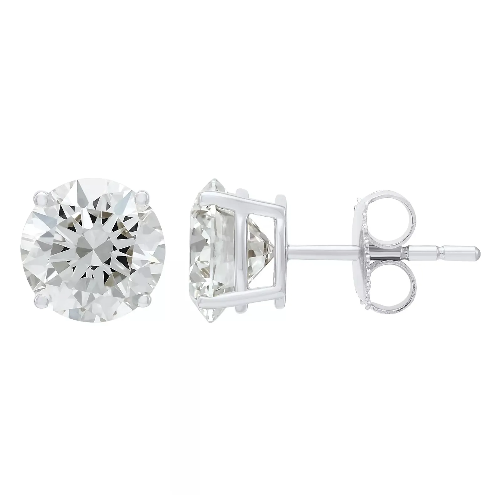 A pair of round-cut diamond stud earrings in a four-prong white metal setting with a push-back closure.