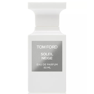 Tom Ford Soleil Neige Eau de Parfum is displayed in a sleek white 50 ml bottle with a minimalist design and silver labeling.