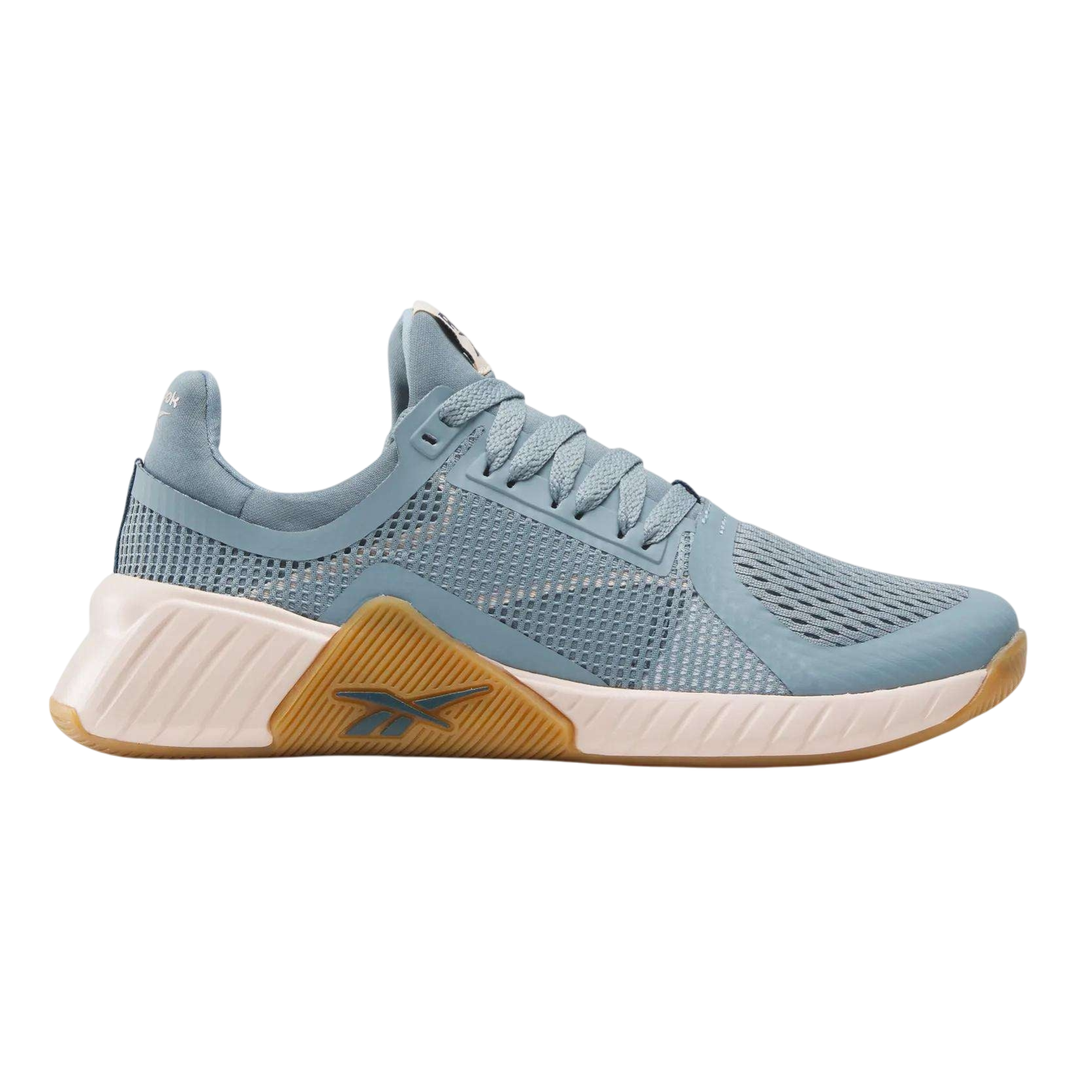 Blue athletic shoe with mesh upper, lace-up design, and a distinctive sole featuring a beige and gum color.