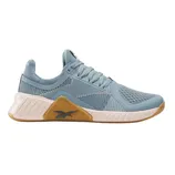 Blue athletic shoe with mesh upper, lace-up design, and a distinctive sole featuring a beige and gum color.