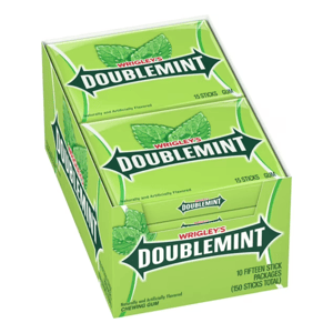 Wrigley's Doublemint chewing gum box containing 10 packages, each with 15 sticks, totaling 150 sticks. The packaging is green with mint leaf imagery, highlighting its natural and artificial mint flavor.