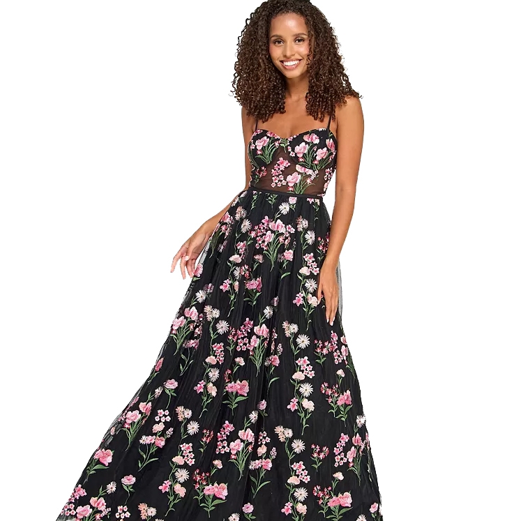 A black tulle ballgown with pink and green floral embroidery, featuring a fitted bodice with thin straps and a sheer waist detail.