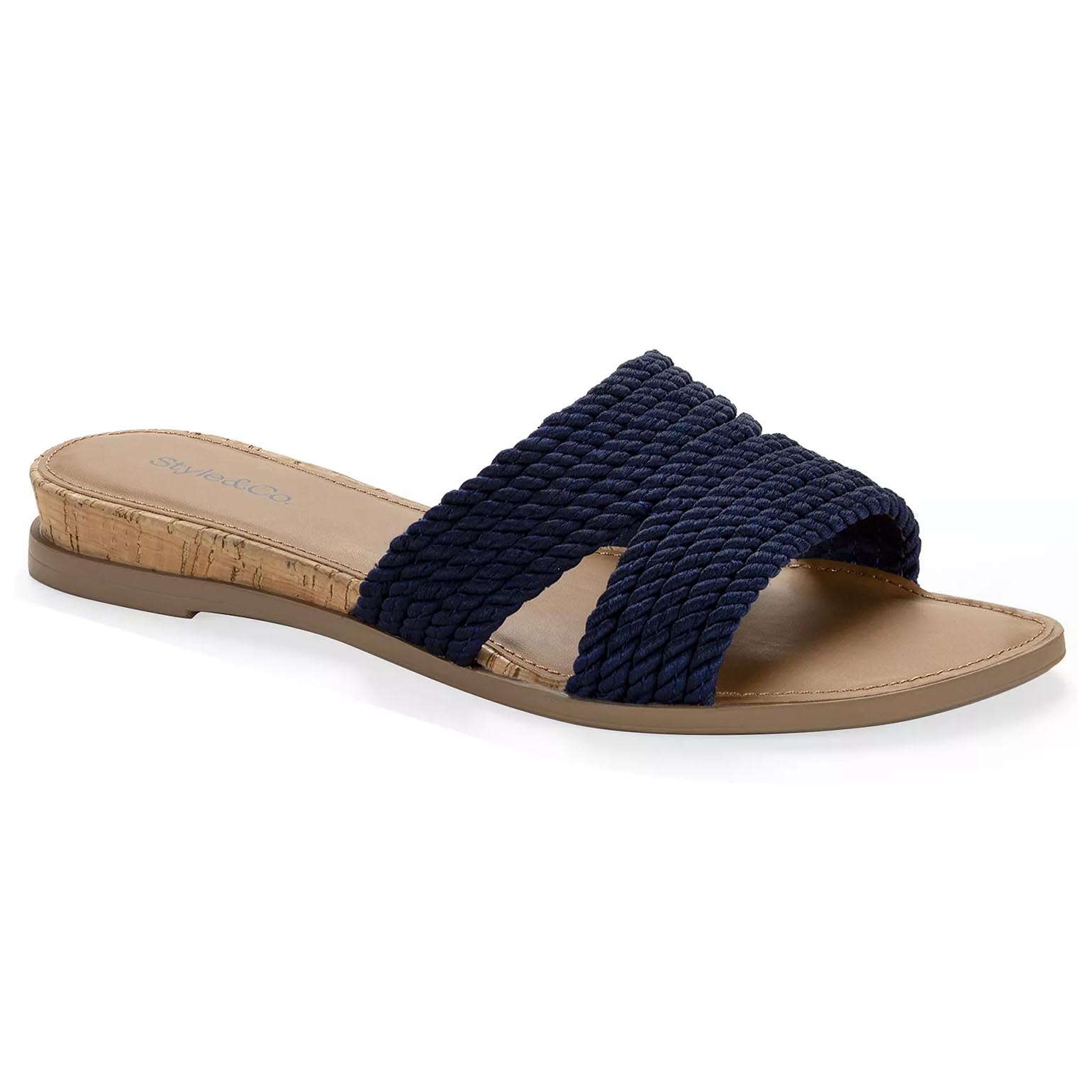 A navy blue woven slide sandal with a tan cork-style insole and flat sole.