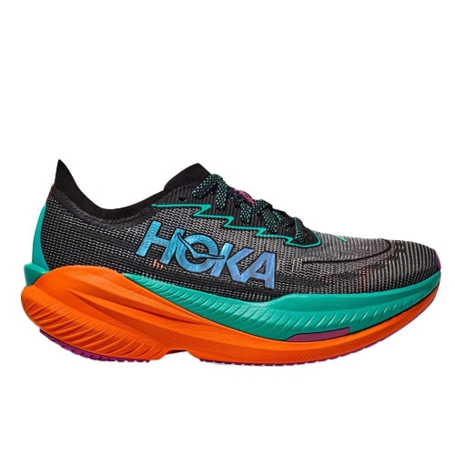 Hoka Men's Mach X 2 Running Shoes feature a vibrant design with a black mesh upper, teal and orange midsole, and large Hoka logo. They're designed for comfort and performance with a cushioned sole and lightweight construction.